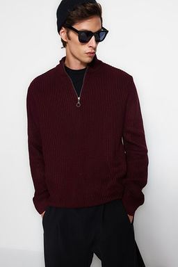 Bordo Casual Regular Fit Yar_m Bal_k__ Fermuarl_ Yaka Kazak TMNAW22KZ1908