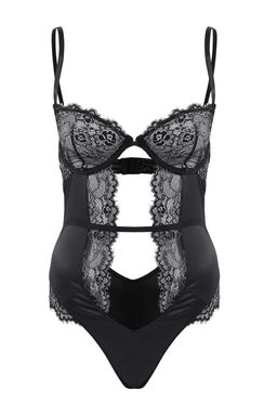 Siyah Saten Fitted Gumus Renk Detayl? Cut Out Body THMSS26BD00007