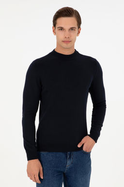 Erkek Slim Fit _eyrek Bal_k__ Yaka Lacivert Basic Triko Kazak