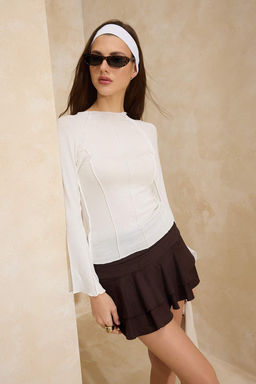 Ekru Fitted/Vucuda Oturan Dik Yaka Uzun Kollu Nervurlu Premium Yumusak Orme Bluz TWOSS26BZ00241