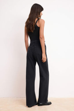 Siyah DOKUMLU Yuksek Bel MEVSIMLIK %100 Pamuk Uzun Boy Wide Leg Jeans TWOSS26JE00127