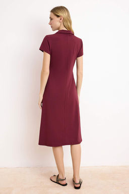 Bordo Polo Yaka Skater/Belden Ac?lan Pamuklu Esnek Orme Midi Elbise TWOSS24EL00480