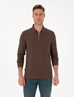 Koyu Kahverengi Slim Fit K_vr_lmaz Fermuarl_ Polo Yaka Basic Pike Sweatshirt