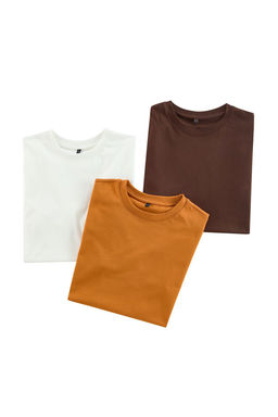 Koyu Kahverengi-Turuncu-Ekru Slim/Dar Kesim Bisiklet Yaka %100 Pamuklu 3lu T-Shirt TMNSS19BO0007