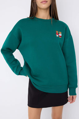 Teen Zumrut Yesili Ay?c?k Nak?sl? Oversize Ici Polarl? Orme Sweatshirt TWOAW26SW00197 - Trendyolmilla фото 6