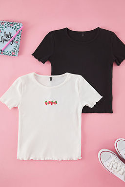 Ekru-Siyah K?z Cocuk Pamuklu Nak?sl? Regular/Normal Kal?p K?sa Kol Orme T-Shirt TKDSS25TS00026