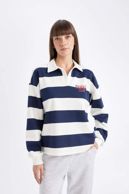 Плотный свитшот с принтом и воротником-поло Relax Fit - Defacto фото 3