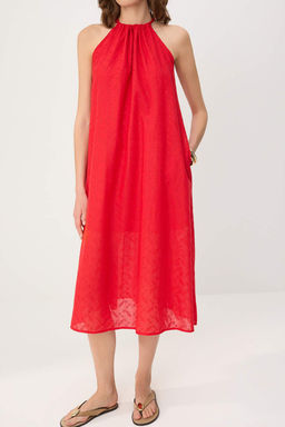 K?rm?z? Brode Halter Yaka Rahat Kesim Midi Dokuma Elbise TWOSS26EL00444 - Trendyolmilla фото 3