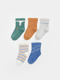 Bask?l? Erkek Bebek Soket ?orap 5li