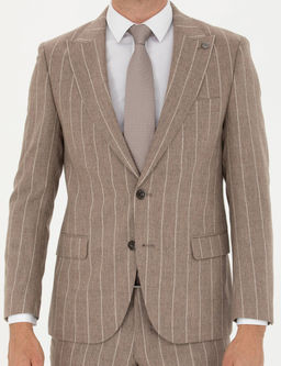Bej _izgili Ekstra Slim Fit Y_n Tak_m Elbise