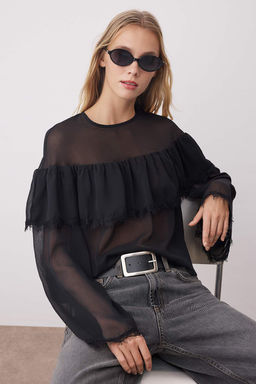 Ekru Sifon Dantel Detayl? Bisiklet Yaka Dokuma Bluz TWOAW26BZ00055 - Trendyolmilla фото 8