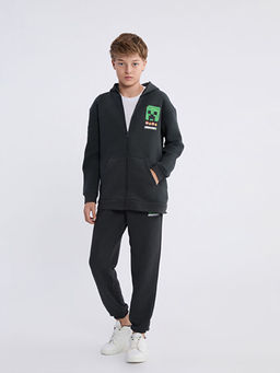 Kap??onlu Minecraft Bask?l? Erkek ?ocuk Fermuarl? Sweatshirt