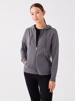 Kap??onlu D?z Uzun Kollu Kad?n Fermuarl? Sweatshirt