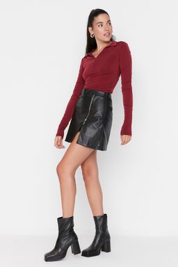 TRENDYOLMILLA Siyah Fermuarl? Suni Deri Dokuma Sort Etek TWOAW23SR00010  фото 3