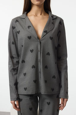 Gri %100 Pamuklu Kalp Desenli Orme Pijama Tak?m? THMAW21PT0548