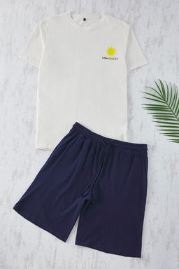 TRENDYOL MAN Ekru - Lacivert Regular Fit Bask?l? Orme Sortlu Pijama Tak?m? TMNSS25PT00019 - Trendyolmilla фото 2