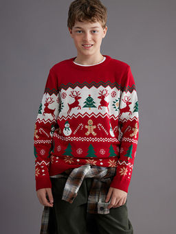 Bisiklet Yaka Y?lba?? Temal? Erkek ?ocuk Triko Kazak