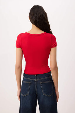 Ekru Fitted/Vucuda Oturan V Yaka K?sa Kollu Pamuk Ribana Orme T-Shirt TWOSS26TS00125 - Trendyolmilla фото 12