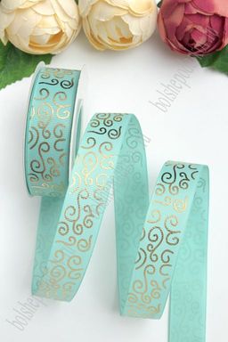 Лента репсовая 2,5 см*20 ярд "Узор" SF-5852, аквамариновый/золото №218