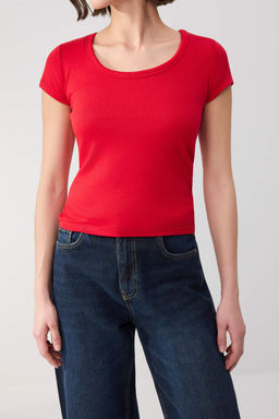 Wardrobe Essentials-K?rm?z? Fitted/Vucuda Oturan Havuz Yaka Yumusak Orme Bluz TWOSS26BZ00362