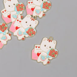 Цена за 5 шт. Декор для творчества металл, эмаль Котик с букетом, 2.8?2.5 см