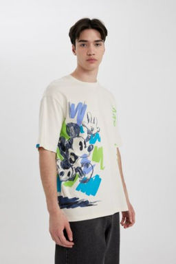 Disney Mickey & Minnie Comfort Regular Fit Rahat Kal?p Bisiklet Yaka S?rt Bask?l? K?sa Kollu Tisort