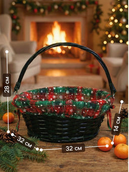 Корзина плетёная для хранения «Новогодняя», 32×32×14 см, ручка h=14 см, зелёная