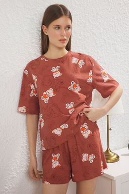 Trendyolmilla Pembe %100 Pamuklu Ay?c?kl? Sortlu Orme Pijama Tak?m? THMSS25PT00367  фото 3