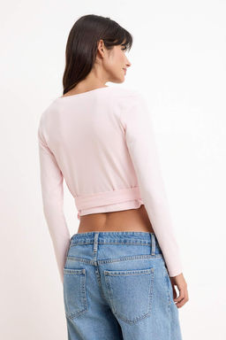 Ac?k Pembe-Beyaz 2li Paket Baglama Detayl? Vucuda Oturan Esnek Orme Bluz TWOAW26BZ00102