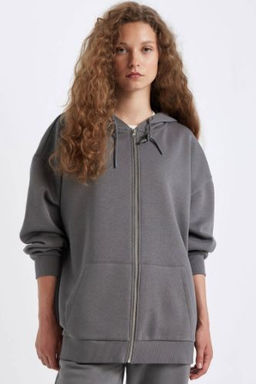 Oversize Genis Kal?p Kapusonlu Cepli Basic Duz Fermuarl? Sweatshirt