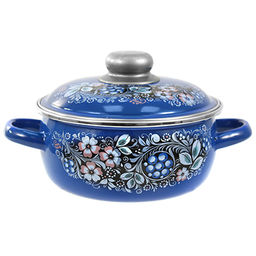 "Вологодский сувенир" Кастрюля эмалированная 1,5л, д18см, h8,5см, цилиндрическая форма, металлическая крышка с пластмассовой ручкой-кнопкой, ободок из нержавеющей стали, ярко-синий (Россия)