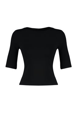 Siyah Fitted/Vucuda Oturan Kay?k Yaka K?sa Kollu Pamuklu Esnek Orme Bluz TWOSS24BZ00076