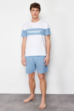 TRENDYOL MAN Mavi Regular Fit Slogan Bask?l? Orme Sortlu Pijama Tak?m? TMNSS24PT00002
