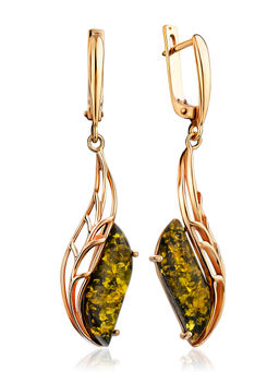 Изящные удлинённые серьги из зелёного янтаря Веста