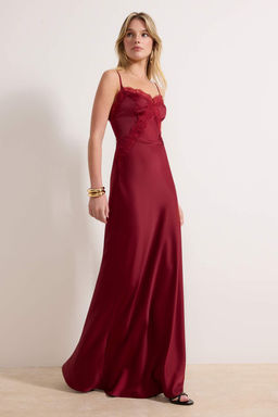 Bordo Duz Dantel Detayl? Dokuma Saten Maxi Abiye & Mezuniyet Elbisesi TPRSS26AE00007