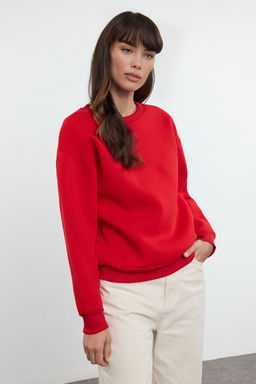 K?rm?z? Kal?n Ici Polarl? Regular/Normal Kal?p Bisiklet Yaka Basic Orme Sweatshirt TWOAW24SW00101