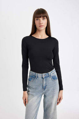 Женская черная облегающая базовая футболка с круглым вырезом и узким вырезом с длинными рукавами