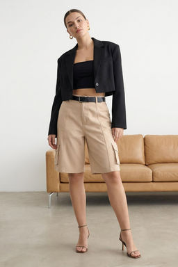 TRENDYOLMILLA Bej Yuksek Bel Kargo Cepli Bermuda Sort Dokuma Sort & Bermuda TWOSS25SR00009 фото 7