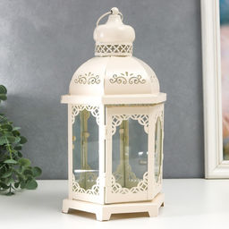 Металлический подсвечник-фонарь на 1 свечу «Цветущие вензеля», стекло, d=10 см, белый, 13.5×15×29 см