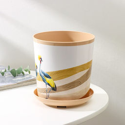 Горшок для цветов с поддоном Доляна «Каракум. Венценосный журавль», 1.6 л, d=14 см, h=15.5 см, пластиковый, белый/бежевый