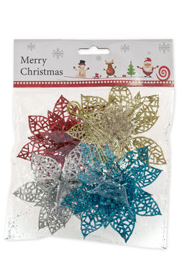 Новогодние украшения с блестками 10 см Пуансеттия (4 шт) SF-3510, ассорти №1 - Больше подарков фото 2