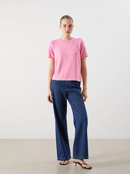 Beli Lastikli ?izgili Wideleg Kad?n Jean Pantolon