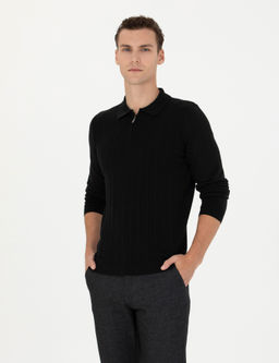 Siyah Slim Fit Fermuarl_ Polo Yaka Triko Kazak