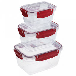 Контейнер для продуктов пластмассовый Мастер набор 3шт: 0,5л, 1л, 1,8л, прямоугольный, с клипсами, воздухонепроницаемый (герметичный), глубокий, съемный силиконовый уплотнитель, подходит для СВЧ (Россия)