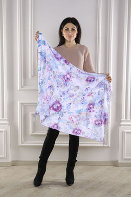 Платок на голову, с цветами и кистями MAGROM, сиреневый, 105 х 105 см, из 100% пашмины