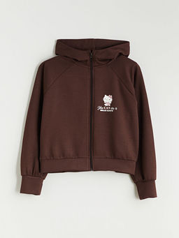 Kap??onlu Hello Kitty Bask?l? K?z ?ocuk Fermuarl? Sweatshirt