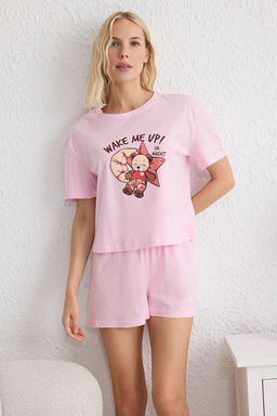 Trendyolmilla Bej %100 Pamuklu Ay?c?kl? ve Sloganl? Sortlu Orme Pijama Tak?m? THMSS25PT00092  фото 3