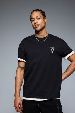 %100 Pamuk Boxy Fit Bisiklet Yaka S_rt Bask_l_ K_sa Kollu Ti__rt