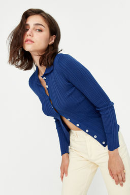 Lacivert Merserize Gorunumlu Fitilli Polo Yaka Triko H?rka TWOAW20HI0070