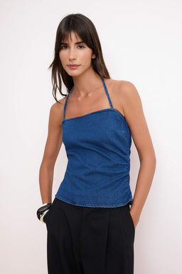 Koyu Mavi Denim Ask?l? Crop Bluz TWOSS26BZ00512 - Trendyolmilla фото 2